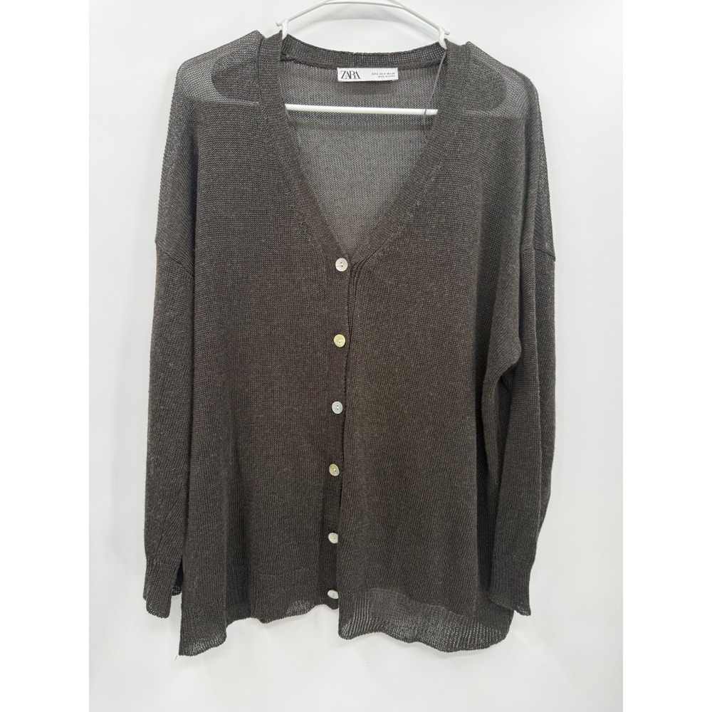 Zara Small Oversized Linen Blend Cardigan Womens Brown Sheer V-Neck Knit Sweater